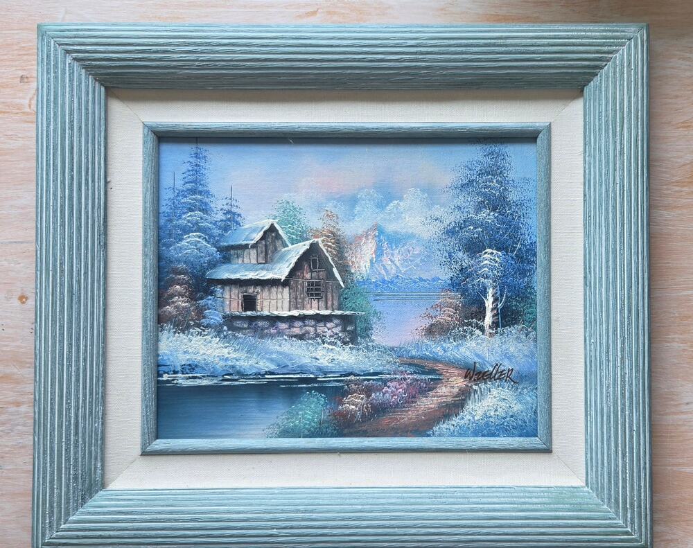 W Zeller Original Oil Painting Winter Snow Scene Forest Cabin Framed Art